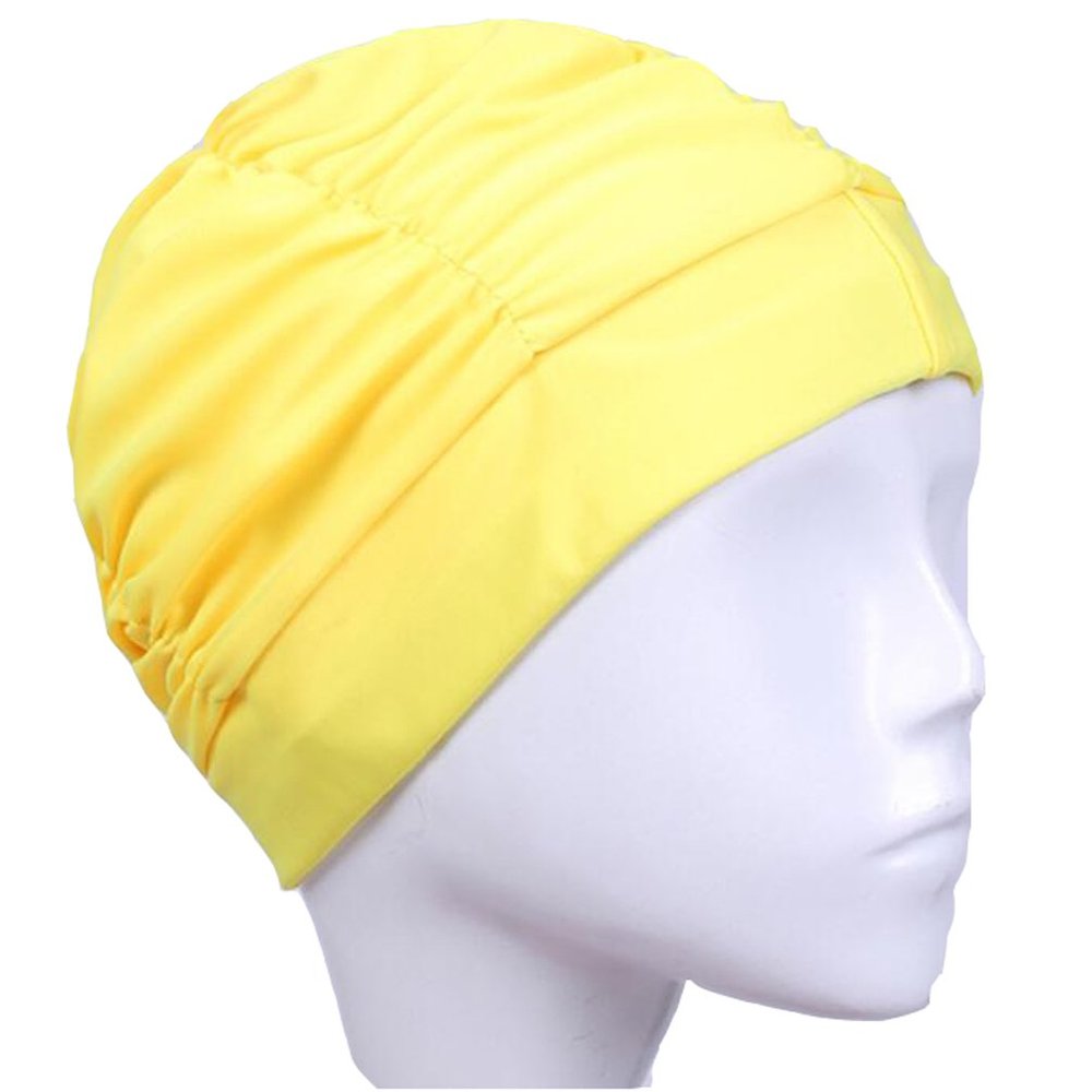 Ewanda store Colorful Pleated Nylon Cloth Swim Cap Large Swimming Cap Hot Spring Bathing Caps for Adult Men Women Long Hair(Yellow)
