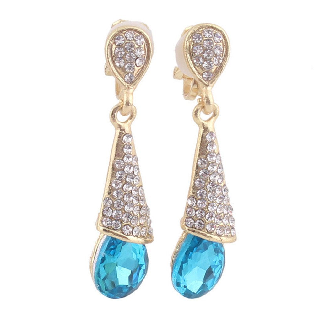 Grace Jun Gold Plated Full Rhinestone Crystal Long Drop Clip on Earrings Without Piercing (No Pierced Earrings Blue)
