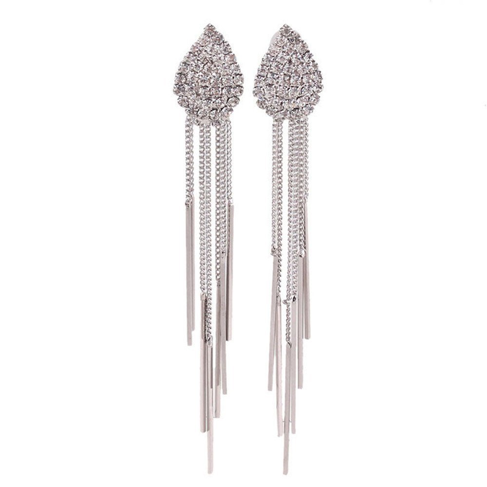 Bridal Platinum Plated or Gold Plated Crown Heart Teardrop Shape Tassel Earrings Clip on Earrings Non Piercing (teardrop platinum)