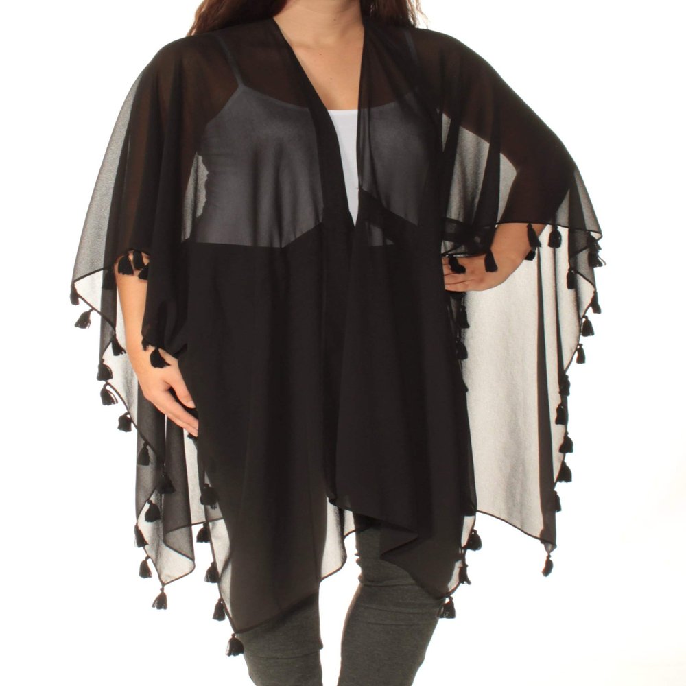 INC Womens Tassel Tie Front Kimono Swim Cover-Up Black O/S