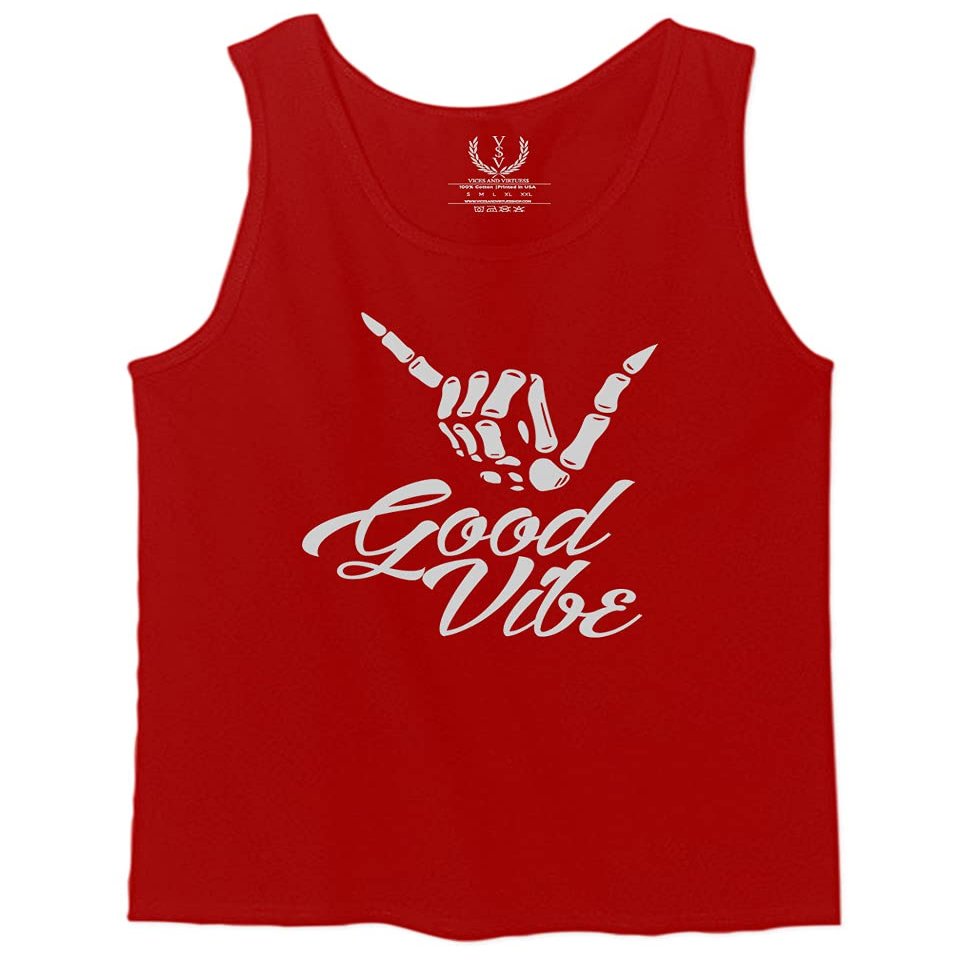 0013. Big Good Vibe Bones Hand Shaka Cool Vintage Hipster Graphic Men's Tank Top (Red, Small)