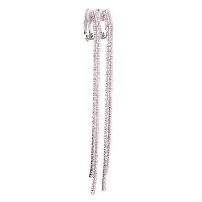 GRACE JUN Platinum Plated 2 Strands Long Tassel AAA CZ Clip on Earrings Non Piercing for Women (Platinum)