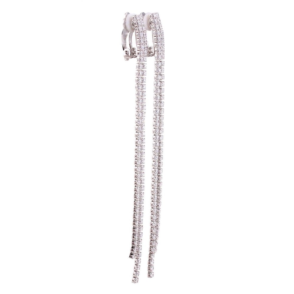 GRACE JUN Platinum Plated 2 Strands Long Tassel AAA CZ Clip on Earrings Non Piercing for Women (Platinum)
