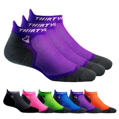 Thirty48 Ultralight Athletic Running Socks for Men and Women with Seamless Toe, Moisture Wicking, Cushion Padding (Medium - Women 7-8.5 // Men 8-9.5, [3 Pairs] Purple/Gray)