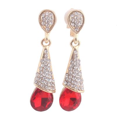 Grace Jun Gold Plated Full Rhinestone Crystal Long Drop Earrings and Clip on Earrings Without Piercing (No Pierced Earrings Red)