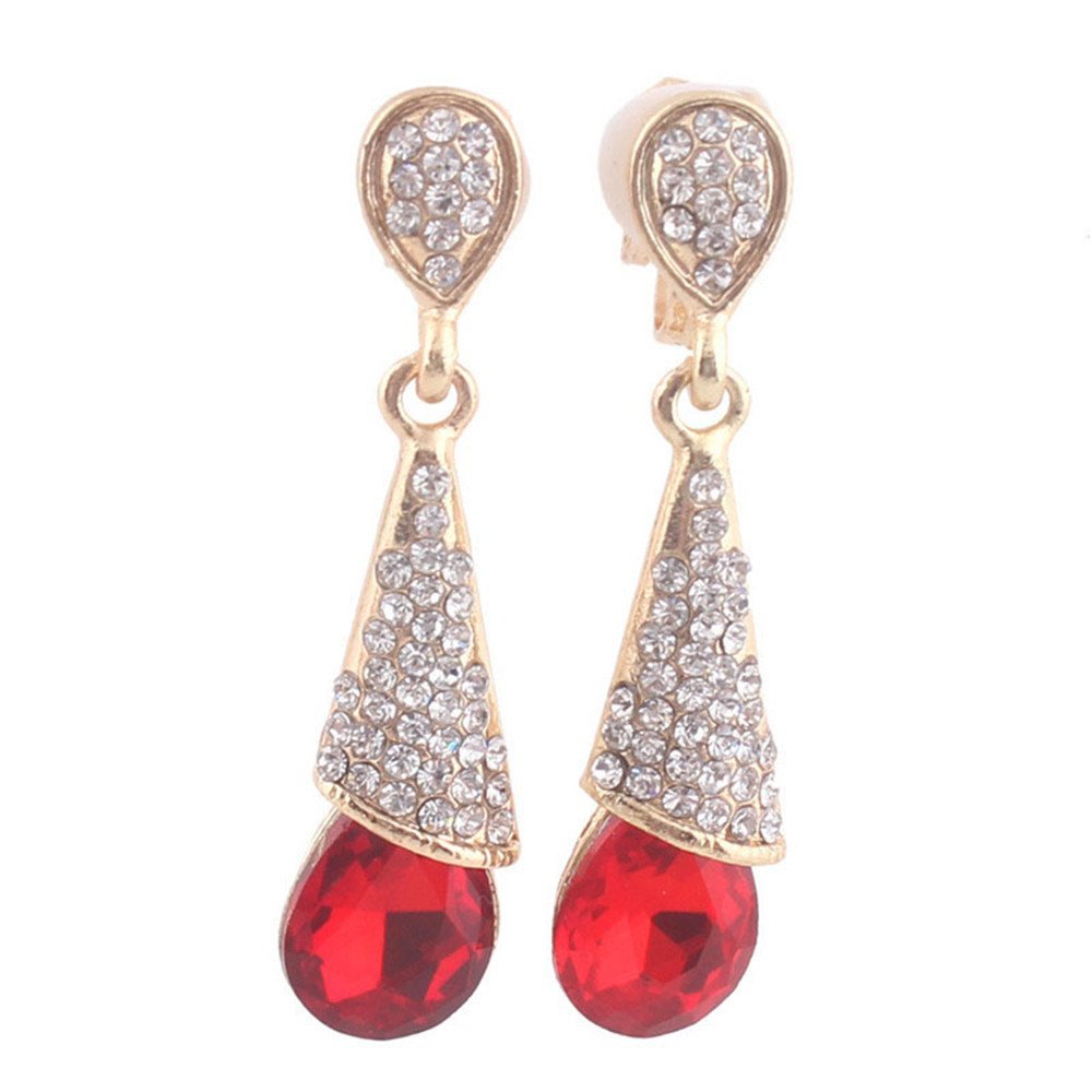 Grace Jun Gold Plated Full Rhinestone Crystal Long Drop Earrings and Clip on Earrings Without Piercing (No Pierced Earrings Red)
