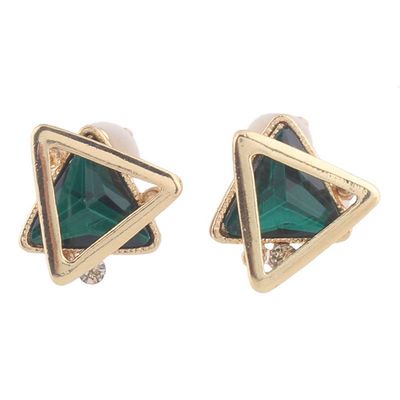 Gold Plated Rhinestone Crystal Double Triangle Clip on Earrings for Women Fine Jewelry No Pierced Earrings (Green)