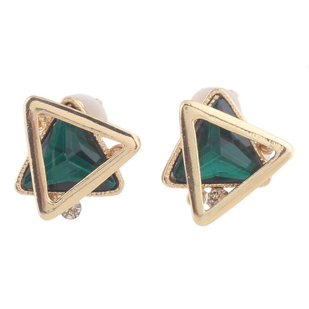 Gold Plated Rhinestone Crystal Double Triangle Clip on Earrings for Women Fine Jewelry No Pierced Earrings (Green)