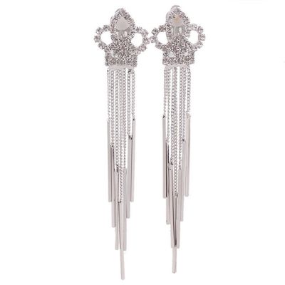 Bridal Platinum Plated or Gold Plated Crown Heart Teardrop Shape Tassel Earrings Clip on Earrings Non Piercing (crown platinum)