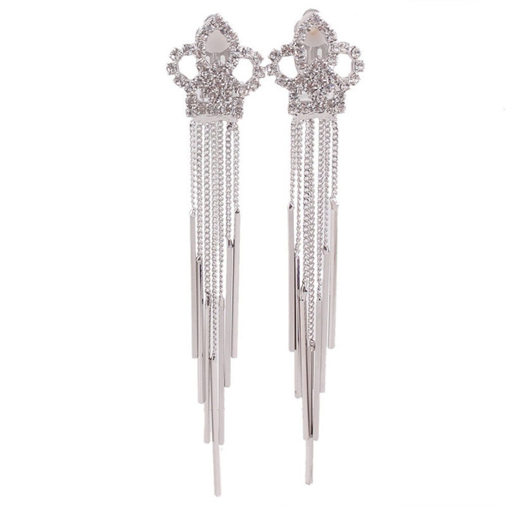 Bridal Platinum Plated or Gold Plated Crown Heart Teardrop Shape Tassel Earrings Clip on Earrings Non Piercing (crown platinum)