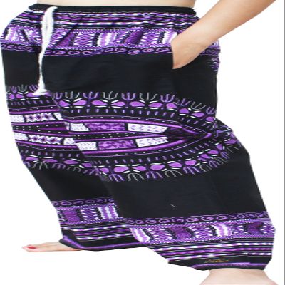 RaanPahMuang Baggy Straight Leg Carnival Dashiki Print Unisex Pants Africa Print, Large, Black On Purple
