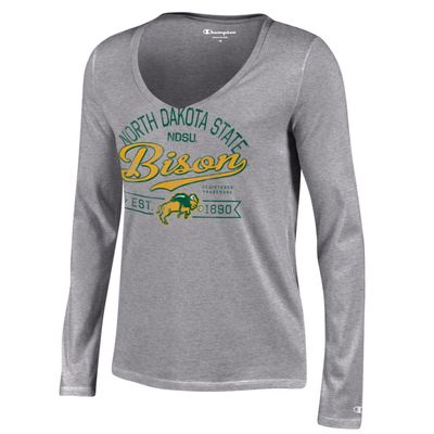 Champion NCAA Women's University Long Sleeve V-Neck T-Shirt, Gray, X-Small, North Dakota State