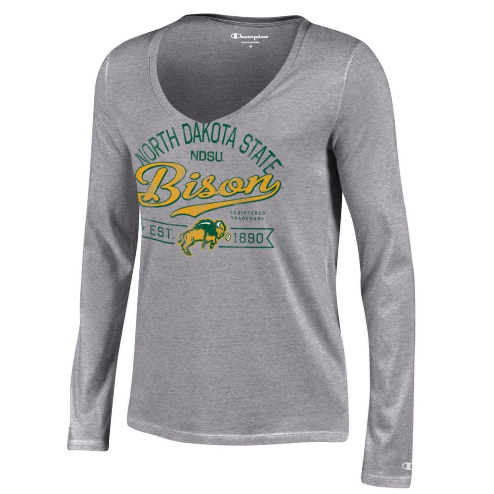 Champion NCAA Women's University Long Sleeve V-Neck T-Shirt, Gray, X-Small, North Dakota State