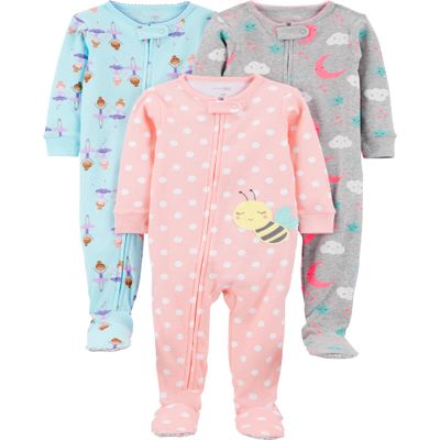 Simple Joys by Carter's Toddler Girls' Snug-Fit Footed Cotton Pajamas, Pack of 3, Ballerina/Bees/Moon, 5T