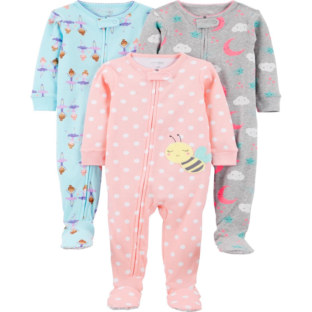 Simple Joys by Carter's Toddler Girls' Snug-Fit Footed Cotton Pajamas, Pack of 3, Ballerina/Bees/Moon, 5T