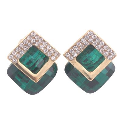Grace Jun Luxury Bridal Rhinestone Crystal Square Shape Clip on Earrings Non Piercing for Women Ear Clip (Green)