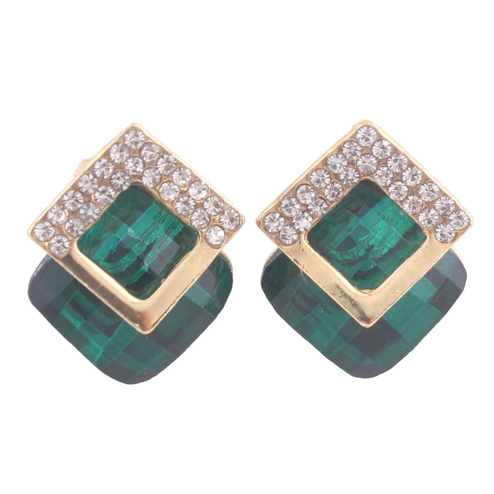 Grace Jun Luxury Bridal Rhinestone Crystal Square Shape Clip on Earrings Non Piercing for Women Ear Clip (Green)