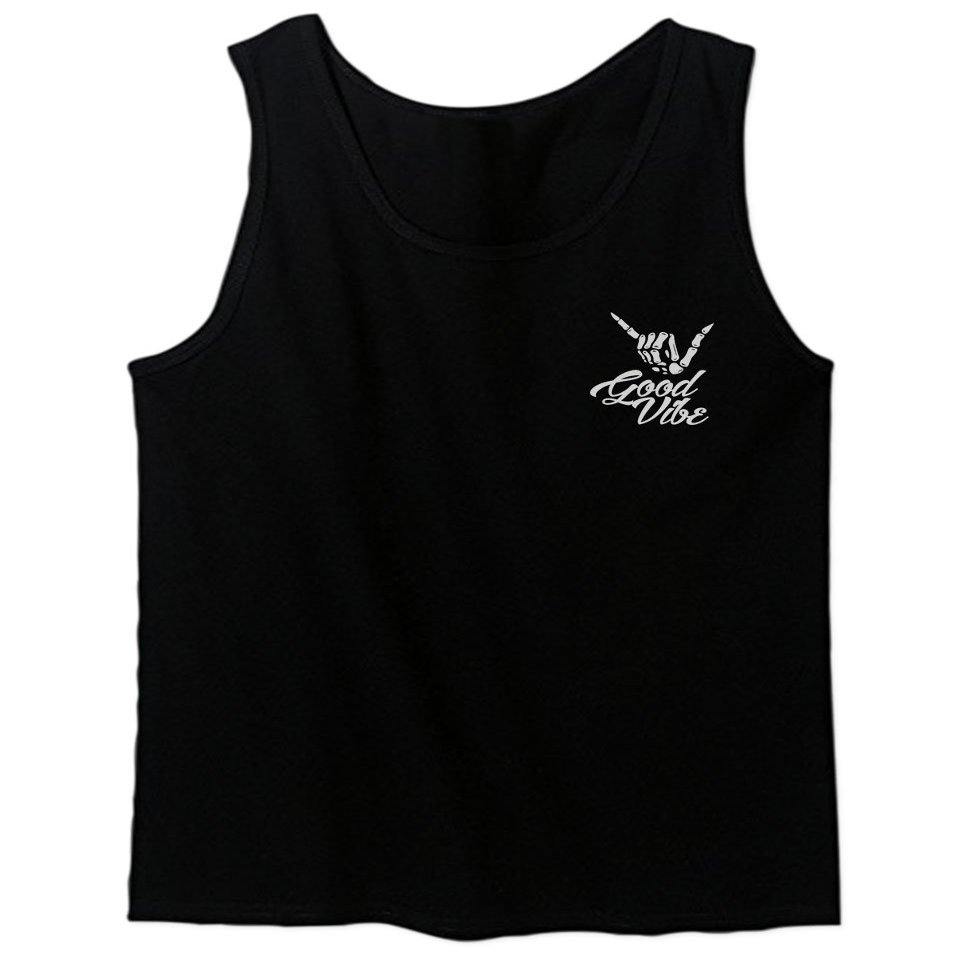 0012. Good Vibe Bones Hand Shaka Cool Vintage Hipster Graphic Men's Tank Top (Black, Small)