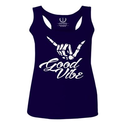 0013. Big Good Vibe Bones Hand Shaka Cool Vintage Hipster Graphic Women's Tank Top Racerback (Navy Blue, Small)