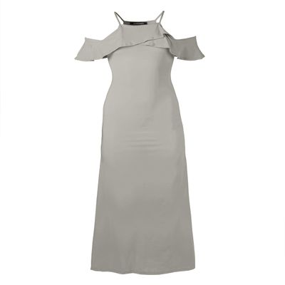Bridesmaid Wedding Solid Ruffle Sleeve Maxi Dress Made in USA Silver Size M