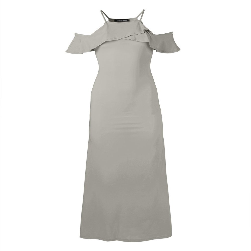 Bridesmaid Wedding Solid Ruffle Sleeve Maxi Dress Made in USA Silver Size M