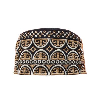 Omani Style Arab Kufi Hat Black Base w/Silver Brown Arch Embroidery Islamic (M)