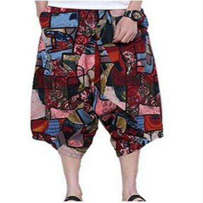 Colygamala Men's Summer Linen Drop Crotch Shorts Hippe Harem Shorts Capri 3/4 Pants