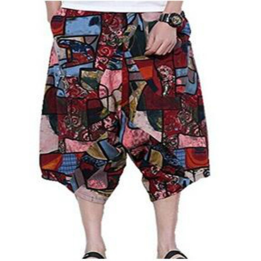 Colygamala Men's Summer Linen Drop Crotch Shorts Hippe Harem Shorts Capri 3/4 Pants