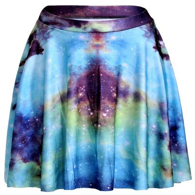 Sister Amy Women's Pleated Elastic Waist Band Flared Galaxy Print Midi Skater Blue/Green US XXXL
