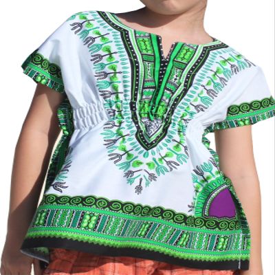 RaanPahMuang Childs African Dashiki Festival Bright Cotton Open Collar Shirt, Small, White with Green