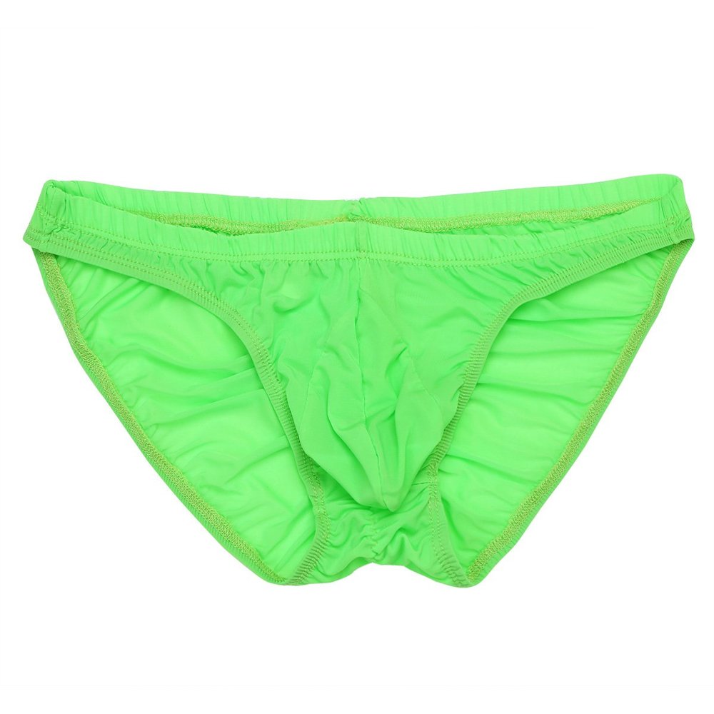 FEESHOW Men's Silky Bikini Briefs Bulge Pouch Underwear Swimwear Ruched Back (Fluorescent Green, one Size)