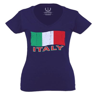0039. Italia Vintage Distressed Italy Italian National Flag for Women V Neck Fitted T Shirt (Navy Blue, Medium)