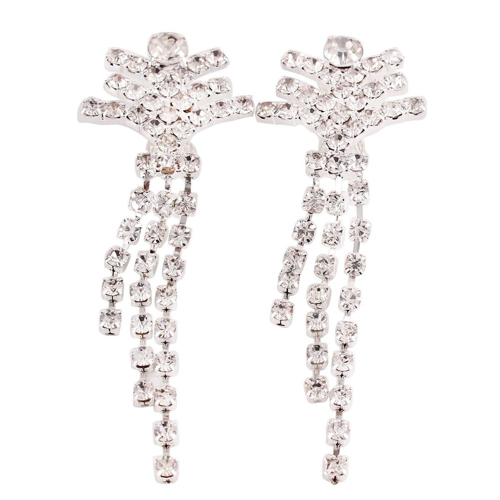 Grace Jun Bridal Silver Plated Rhinestone Crystal Long Tassel Clip on earrings Non Piercing for Women Cuff Earrings(50)