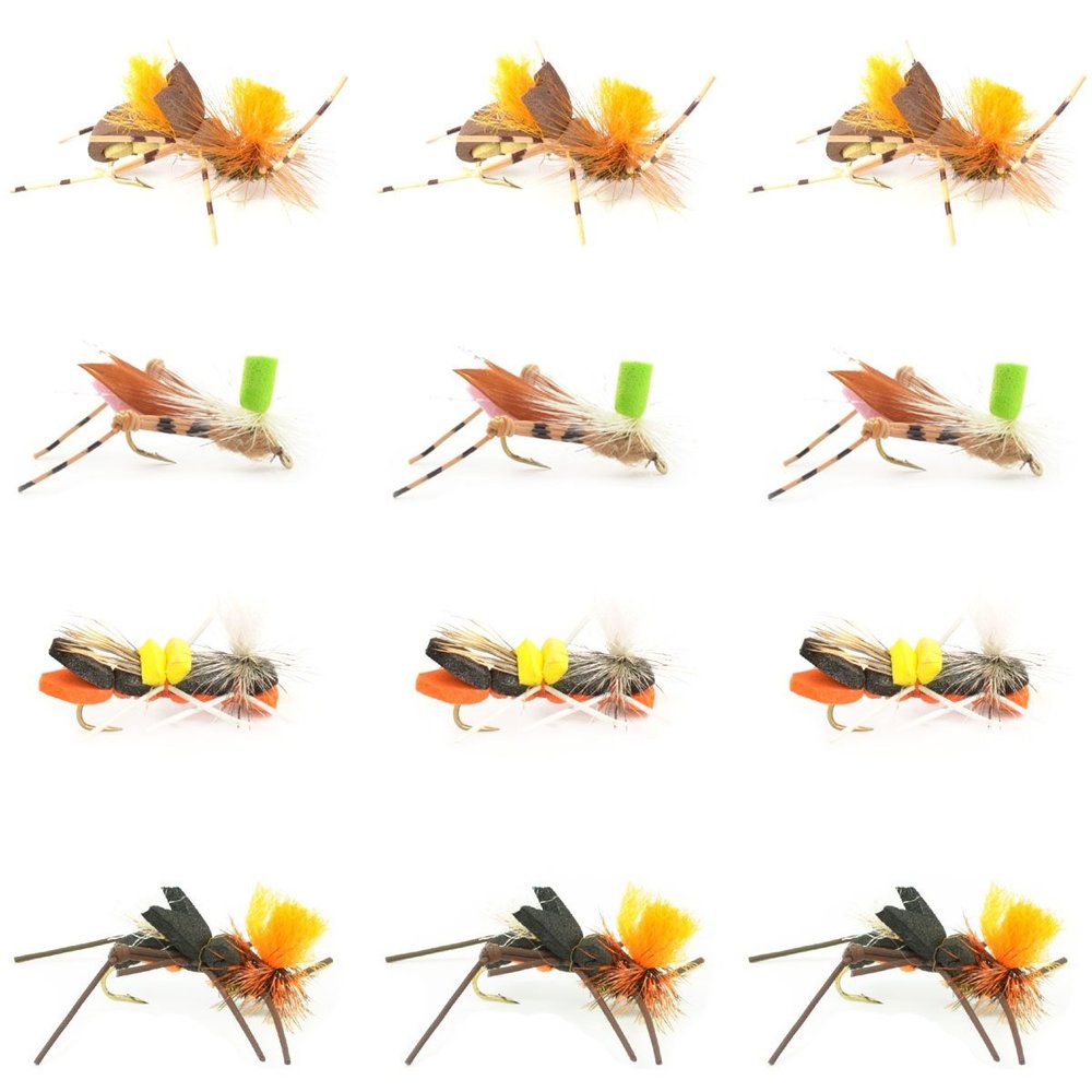 The Fly Fishing Place Foam Body Grasshopper and Chernobyl Ant Fly Fishing Flies Assortment - 12 Flies - 3 Each of 4 Trout and Bass Flies