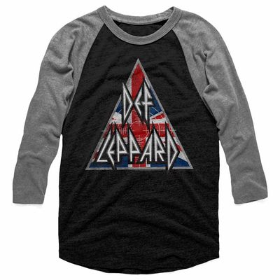 American Classics Def Leppard 80s Heavy Metal Band RocknRoll Brit Flag Logo Adult Raglan T-Shirt (Vintage Black/Premium Heather)