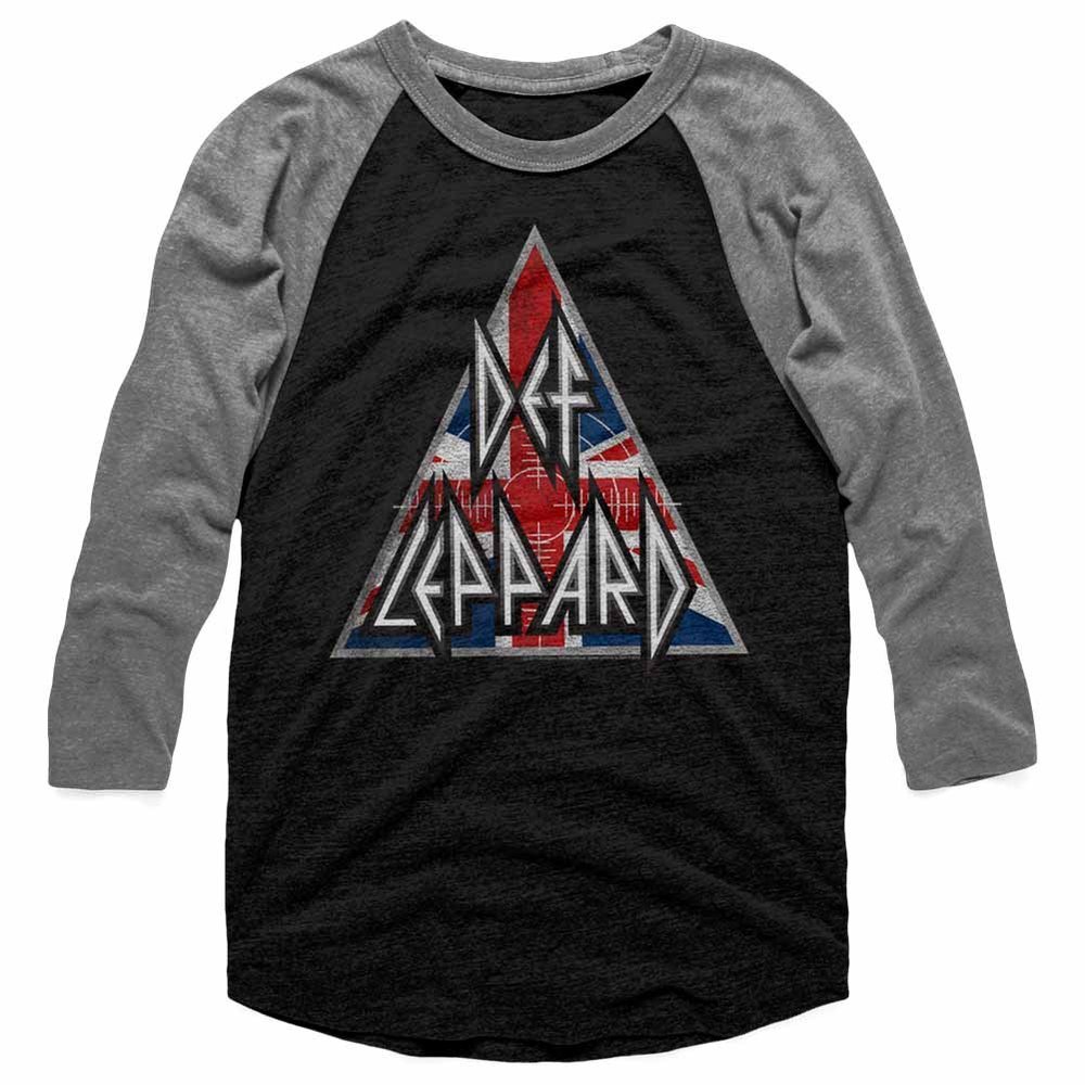 American Classics Def Leppard 80s Heavy Metal Band RocknRoll Brit Flag Logo Adult Raglan T-Shirt (Vintage Black/Premium Heather)