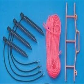 Carron Volleyball Court Boundary Markers - Orange 1/4" braided polypropylene rope; For official size courts (30' X 60'); Complete with stakes, tension cords, and roll up reel for storage. (31405)