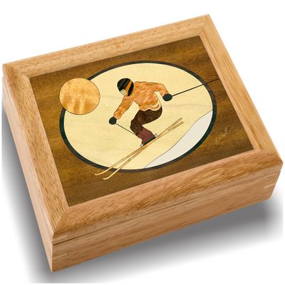 MarqArt Ski Wood Art Trinket Jewelry Gift & Box - Handmade USA - Unmatched Quality - Unique, No Two are the Same - Original Work of Wood Art (#2120 Skiing 6x8x2)