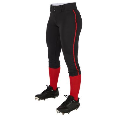 CHAMPRO womens Low-rise Youth Softball With Tournament Traditional Low Rise Pant w/Braid, Black, Scarlet Pipe, Large US