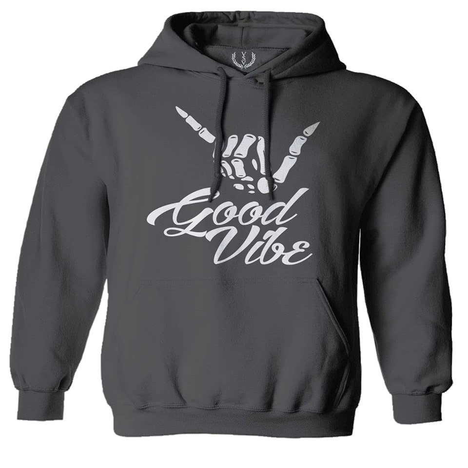 0013. Big Good Vibe Bones Hand Shaka Cool Vintage Hipster Graphic Sweatshirt Pullover Hoodie (Charcoal, Large)