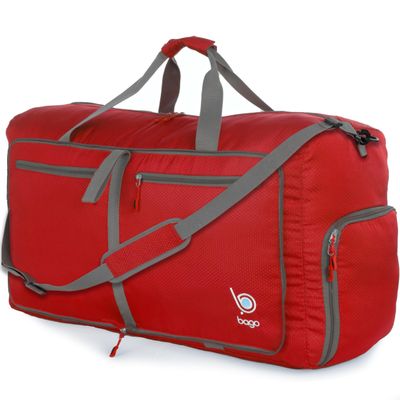 Bago Large Foldable Duffel Bags for Traveling Women & Men - 80L Packable Duffle Bag for Travel with Shoe Compartment - Water Repellant, Heavy Duty, Lightweight Folding & Collapsible (Red)