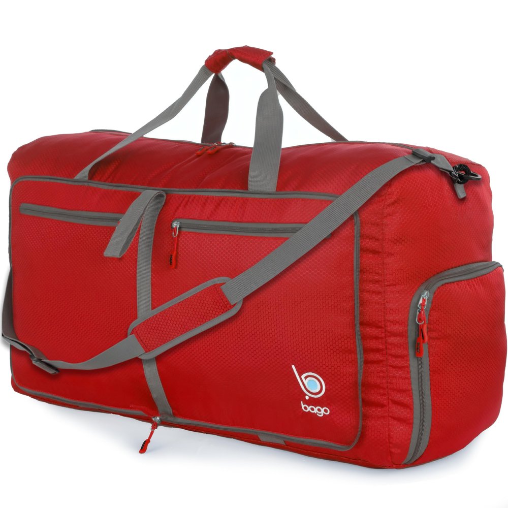 Bago Large Foldable Duffel Bags for Traveling Women & Men - 80L Packable Duffle Bag for Travel with Shoe Compartment - Water Repellant, Heavy Duty, Lightweight Folding & Collapsible (Red)