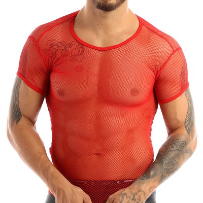 iiniim Men's Fitted Short Sleeve Muscle Top T-Shirt Workout See Thru Undershirt Grid Mesh Fishnet Clubwear Red XL