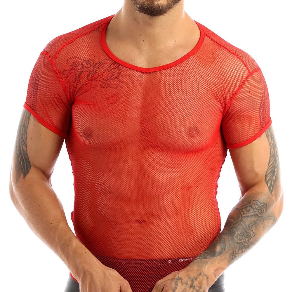 iiniim Men's Fitted Short Sleeve Muscle Top T-Shirt Workout See Thru Undershirt Grid Mesh Fishnet Clubwear Red XL