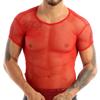 iiniim Men's Fitted Short Sleeve Muscle Top T-Shirt Workout See Thru Undershirt Grid Mesh Fishnet Clubwear Red XL view 1