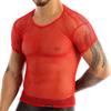 iiniim Men's Fitted Short Sleeve Muscle Top T-Shirt Workout See Thru Undershirt Grid Mesh Fishnet Clubwear Red XL view 2