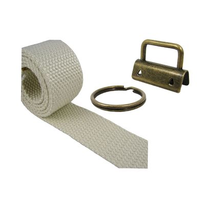 1.25" Key Fob Hardware and 1.25" Cotton Webbing Combo - Natural (5 Yards/10 Key Fobs, Antique Brass Key Fobs)