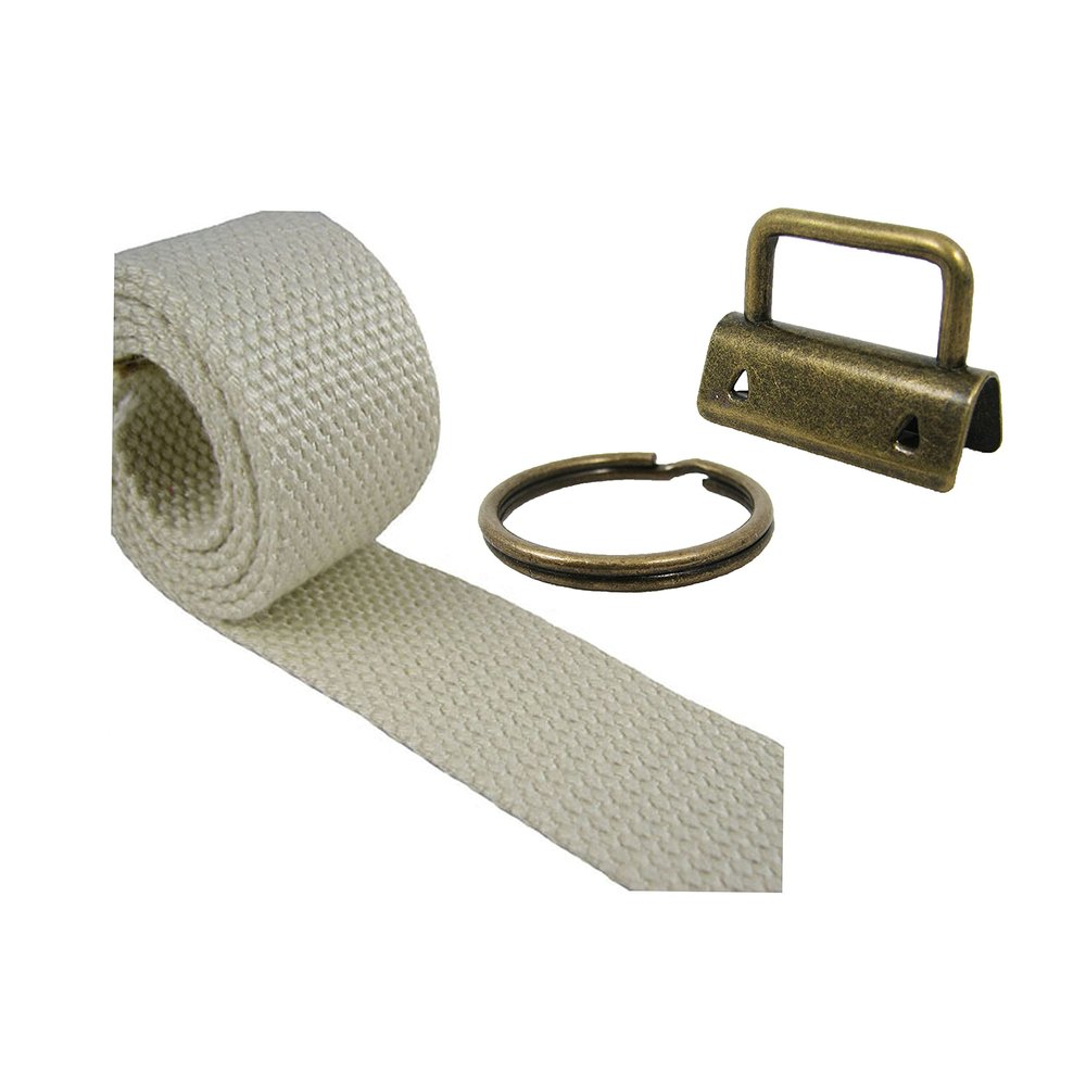 1.25" Key Fob Hardware and 1.25" Cotton Webbing Combo - Natural (5 Yards/10 Key Fobs, Antique Brass Key Fobs)