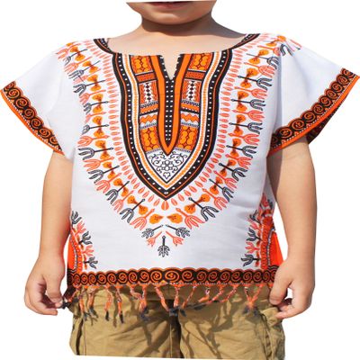 RaanPahMuang Bright Africa White Shirt Childs Dashiki Decorated with Tassels, 1-3 Years, White Base Orange