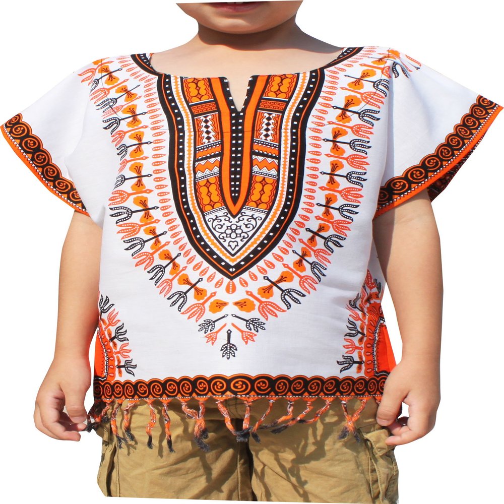 RaanPahMuang Bright Africa White Shirt Childs Dashiki Decorated with Tassels, 1-3 Years, White Base Orange